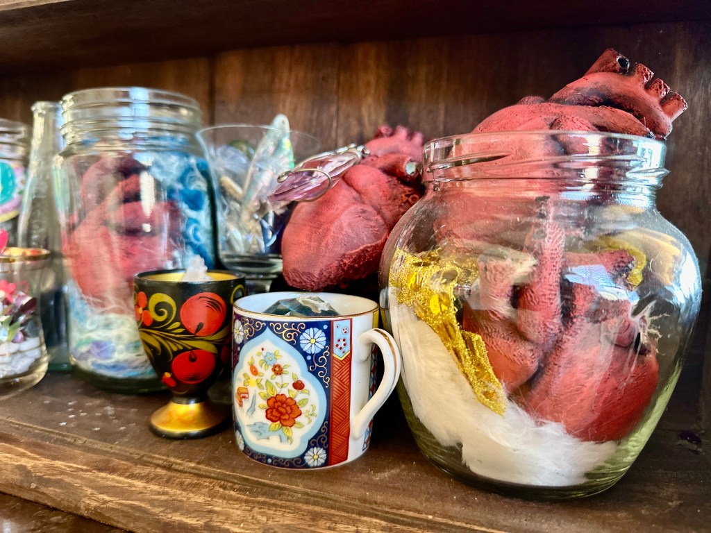 Close up of vessels, objects and hearts